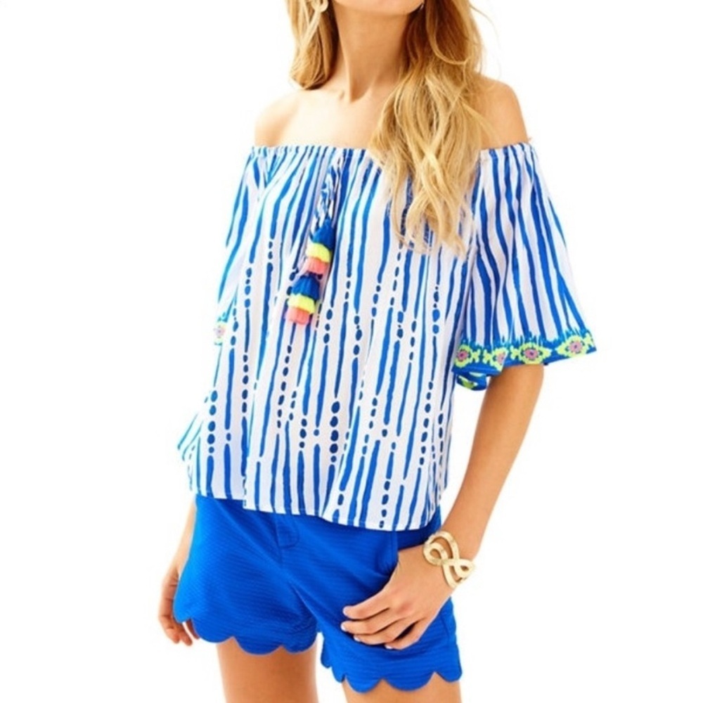 Lilly Pulitzer Shirt Multi Color Sain Off  Shoulder Tassel Short Sleeve Medium
